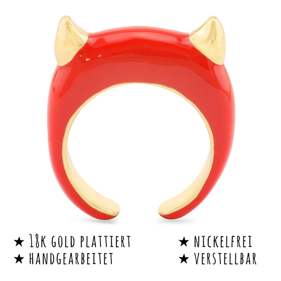 Das Bild mit Beschreibung zeigt Damen Ringe mit Teufel aus Messing Gold plattiert mit Emaille handbemalt