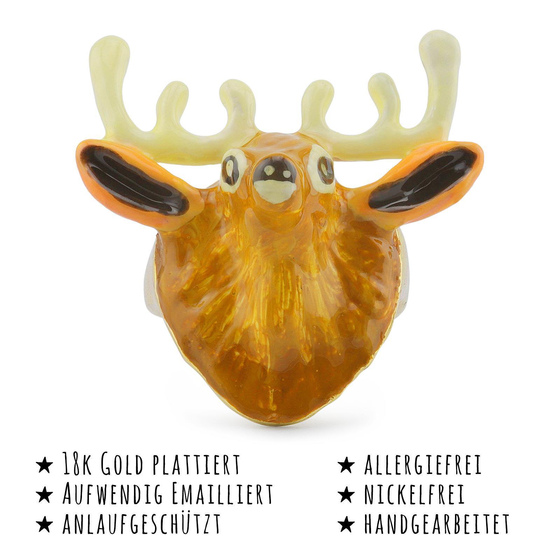 Das Bild mit Beschreibung zeigt Damen Ringe mit Elch Geweih aus Messing Gold plattiert mit Emaille handbemalt