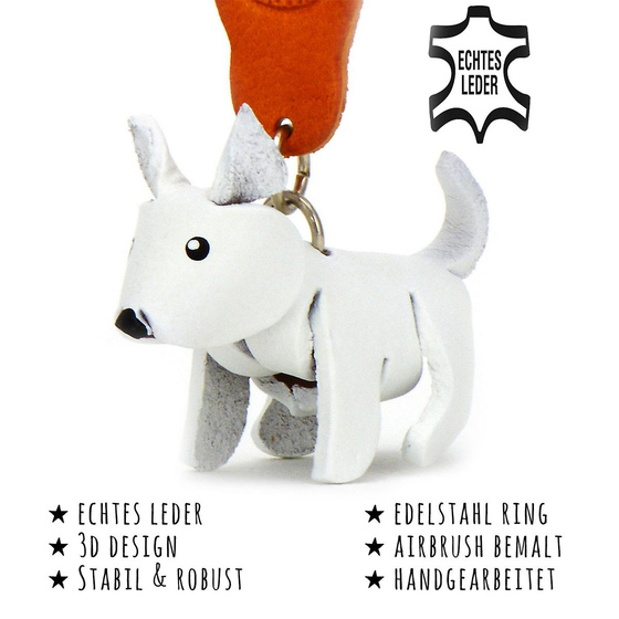 Das Bild mit Beschreibung zeigt ein West Highland Terrier Hund aus Leder