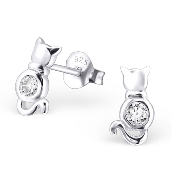 Auf dem Bild zu sehen sind Kinder Ohrringe Katze Ohrstecker aus 925 Sterling Silver echt Silber mit 2 Kristallen