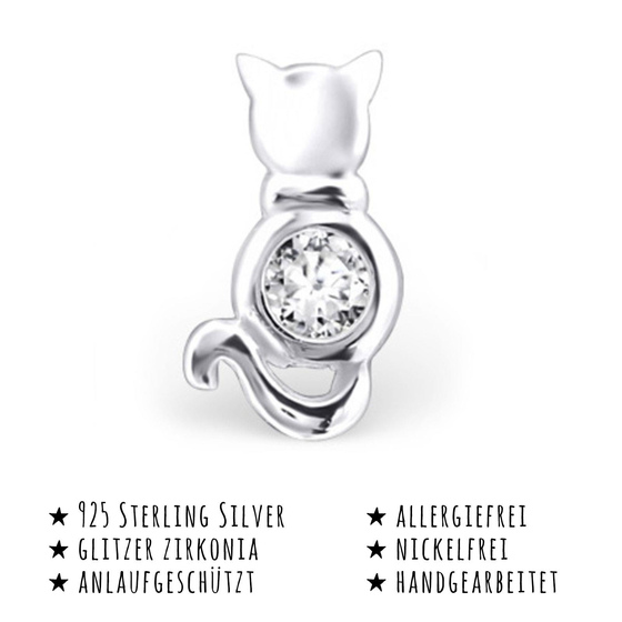 Das Bild mit Beschreibung zeigt Kinder Ohrringe Katze Ohrstecker aus 925 Sterling Silver echt Silber mit 2 Kristallen