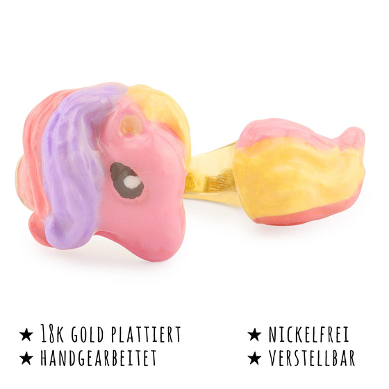 Das Bild mit Beschreibung zeigt Damen Ringe mit Pferd aus Messing Gold plattiert mit Emaille handbemalt