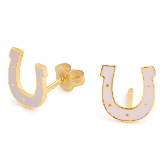 Auf dem Bild zu sehen sind Damen Ohrringe Hufeisen Glcksbringer Ohrstecker aus Messing Gold plattiert handbemalt