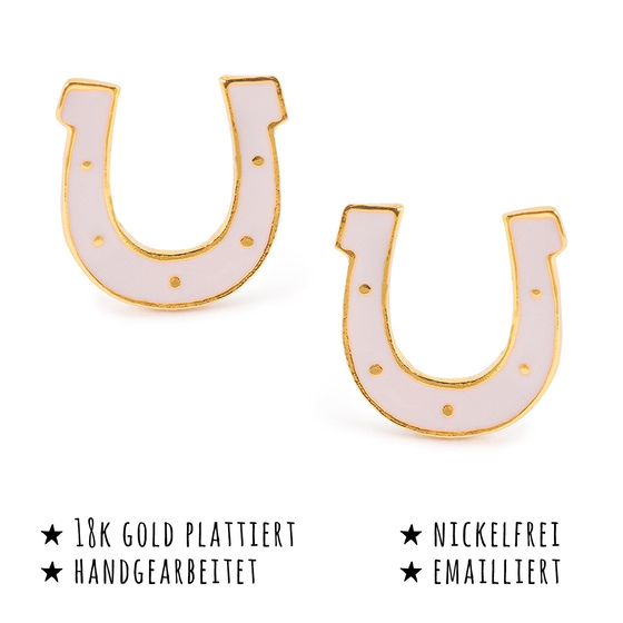 Das Bild mit Beschreibung zeigt Damen Ohrringe Hufeisen Glcksbringer Ohrstecker aus Messing Gold plattiert handbemalt