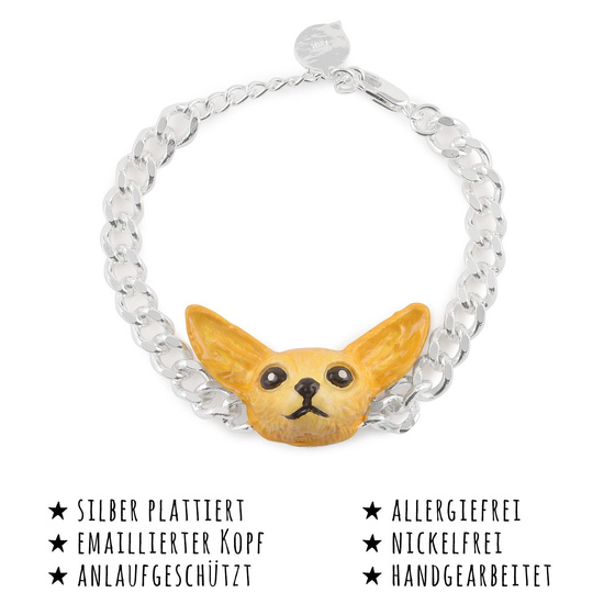 Das Bild mit Beschreibung zeigt Damen Armbnder Fennek Fuchs Kopf Fennek Armkette aus Messing mit Silber plattiert Hell Braun handbemalt