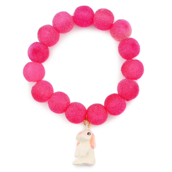 Auf dem Bild zu sehen sind Kinder Armbnder Hase aus Messing mit synthetischen Kugeln Pink handbemalt