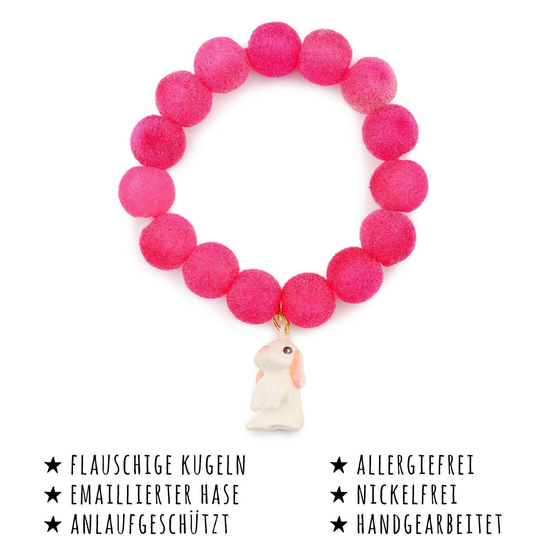 Das Bild mit Beschreibung zeigt Kinder Armbnder Hase aus Messing mit synthetischen Kugeln Pink handbemalt