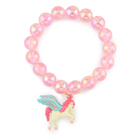 Auf dem Bild zu sehen sind Kinder Armbnder Pegasus Pferd aus Messing mit synthetischen Kugeln rosa handbemalt