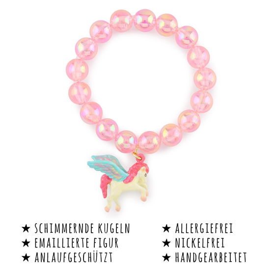 Das Bild mit Beschreibung zeigt Kinder Armbnder Pegasus Pferd aus Messing mit synthetischen Kugeln rosa handbemalt