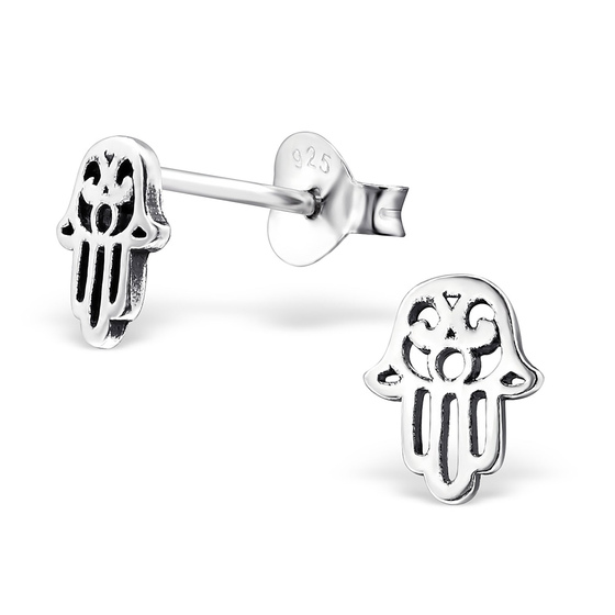 Auf dem Bild zu sehen sind Kinder Ohrringe Hamsa Hand Fatima Ohrstecker aus 925 Sterling Silver echt Silber