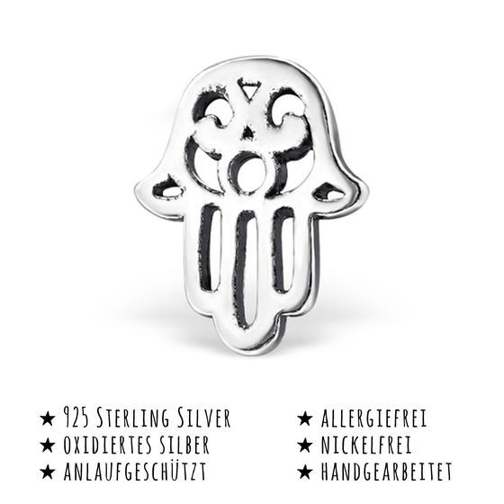 Das Bild mit Beschreibung zeigt Kinder Ohrringe Hamsa Hand Fatima Ohrstecker aus 925 Sterling Silver echt Silber