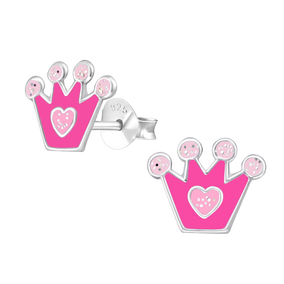 Auf dem Bild zu sehen sind Kinder Ohrringe Krone Prinzessin Ohrstecker aus 925 Sterling Silver echt Silber mit Herz