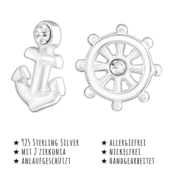 Das Bild mit Beschreibung zeigt Kinder Ohrringe Anker Steuerrad Ohrstecker aus 925 Sterling Silver echt Silber mit 2 Kristallen