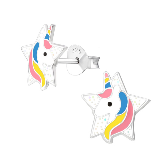 Auf dem Bild zu sehen sind Kinder Ohrringe Sternbild Einhorn Stern Ohrstecker aus 925 Sterling Silver echt Silber