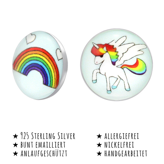 Das Bild mit Beschreibung zeigt Kinder Ohrringe Regenbogen Einhorn Ohrstecker aus 925 Sterling Silver echt Silber