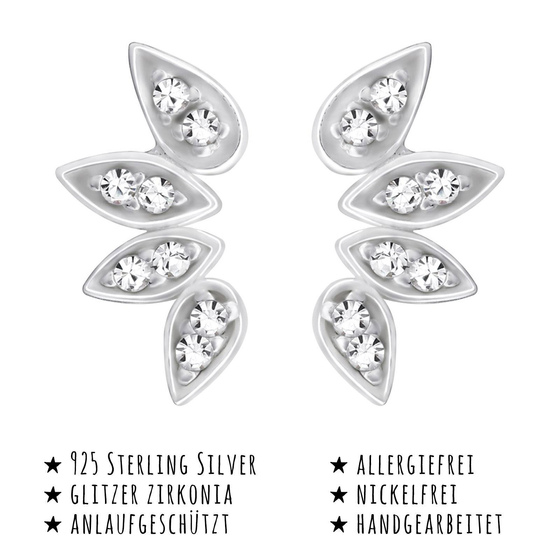 Das Bild mit Beschreibung zeigt Damen Ohrringe Blatt Ohrstecker aus 925 Sterling Silver echt Silber mit 16 Kristallen
