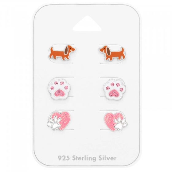 3er Set Dackel und Pfoten Ohrstecker aus 925 Silber