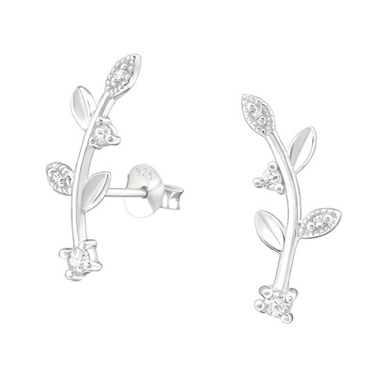 Auf dem Bild zu sehen sind Damen Ohrringe Blatt Strauch Ohrstecker aus 925 Sterling Silver echt Silber mit 8 Kristallen