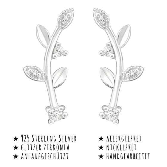 Das Bild mit Beschreibung zeigt Damen Ohrringe Blatt Strauch Ohrstecker aus 925 Sterling Silver echt Silber mit 8 Kristallen