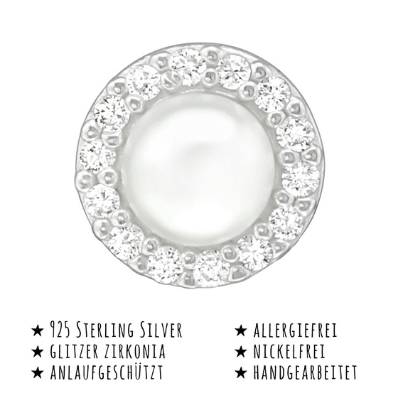 Das Bild mit Beschreibung zeigt Damen Ohrringe Runde Ohrstecker aus 925 Sterling Silver echt Silber mit 28 Kristallen 2 Synthetischen Perlen