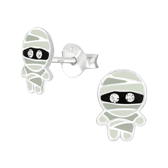 Auf dem Bild zu sehen sind Kinder Ohrringe Mumie Ohrstecker aus 925 Sterling Silver echt Silber mit 4 Kristallen