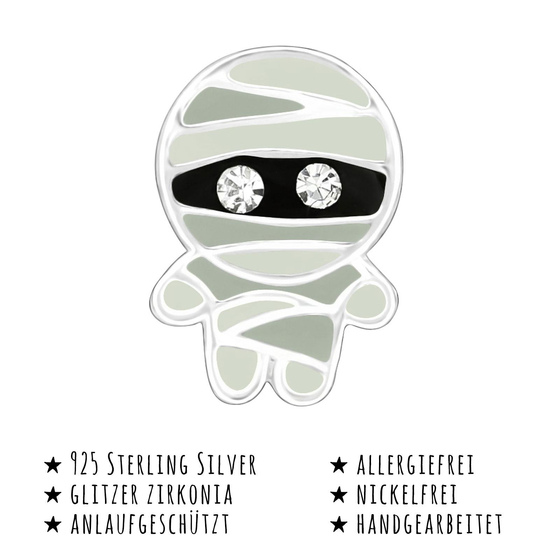 Das Bild mit Beschreibung zeigt Kinder Ohrringe Mumie Ohrstecker aus 925 Sterling Silver echt Silber mit 4 Kristallen