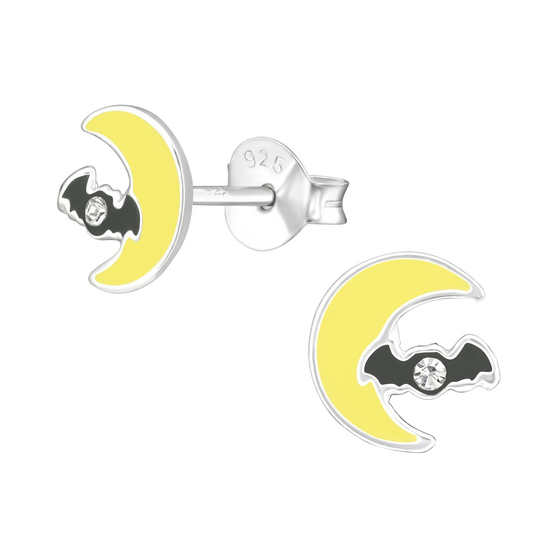 Auf dem Bild zu sehen sind Kinder Ohrringe Halloween Mond Fledermaus Ohrstecker aus 925 Sterling Silver echt Silber mit 2 Kristallen