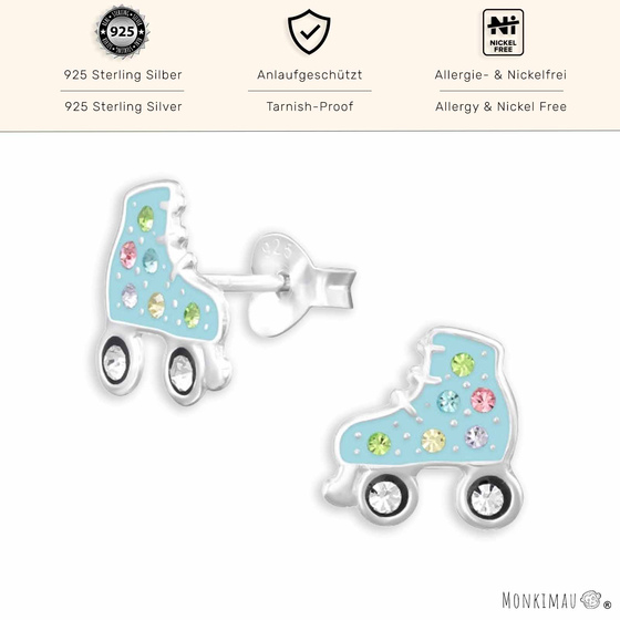 Kinderohrstecker Rollschuhe aus 925 Sterling Silber mit Kristall und Epoxy