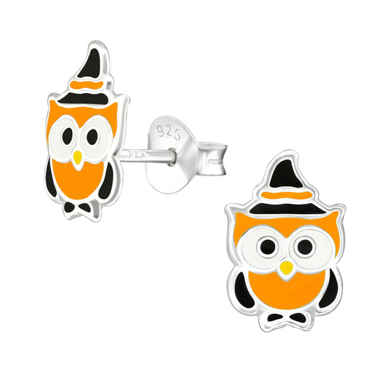 Auf dem Bild zu sehen sind Kinder Ohrringe Halloween Eule Ohrstecker aus 925 Sterling Silver echt Silber