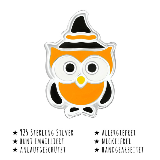Das Bild mit Beschreibung zeigt Kinder Ohrringe Halloween Eule Ohrstecker aus 925 Sterling Silver echt Silber