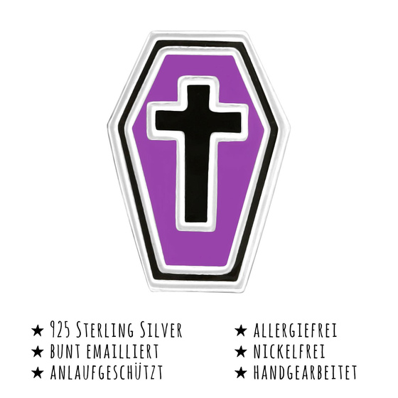 Das Bild mit Beschreibung zeigt Kinder Ohrringe Halloween Sarg Ohrstecker aus 925 Sterling Silver echt Silber