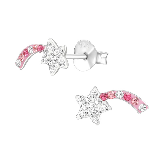 Auf dem Bild zu sehen sind Kinder Ohrringe Sternschnuppe Ohrstecker aus 925 Sterling Silver echt Silber mit 32 Kristallen