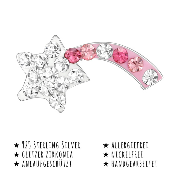Das Bild mit Beschreibung zeigt Kinder Ohrringe Sternschnuppe Ohrstecker aus 925 Sterling Silver echt Silber mit 32 Kristallen