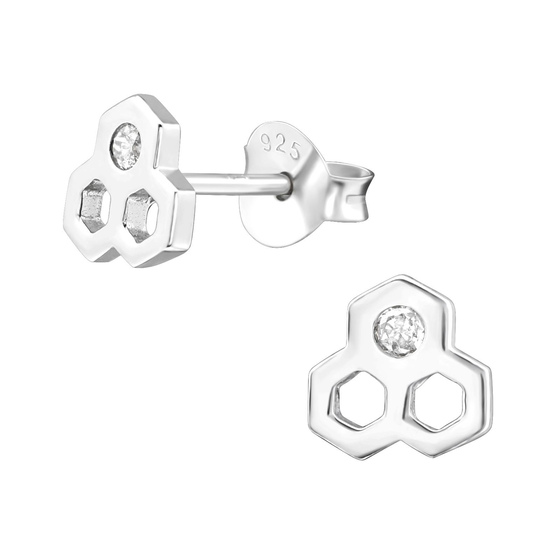 Auf dem Bild zu sehen sind Kinder Ohrringe Bienen Wabe Ohrstecker aus 925 Sterling Silver echt Silber mit 2 Kristallen
