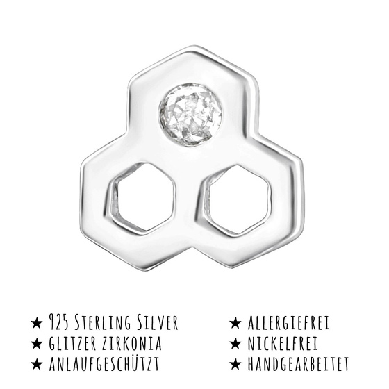 Das Bild mit Beschreibung zeigt Kinder Ohrringe Bienen Wabe Ohrstecker aus 925 Sterling Silver echt Silber mit 2 Kristallen