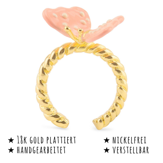 Das Bild mit Beschreibung zeigt Damen Ringe mit Schmetterling aus Messing Gold plattiert mit Emaille handbemalt