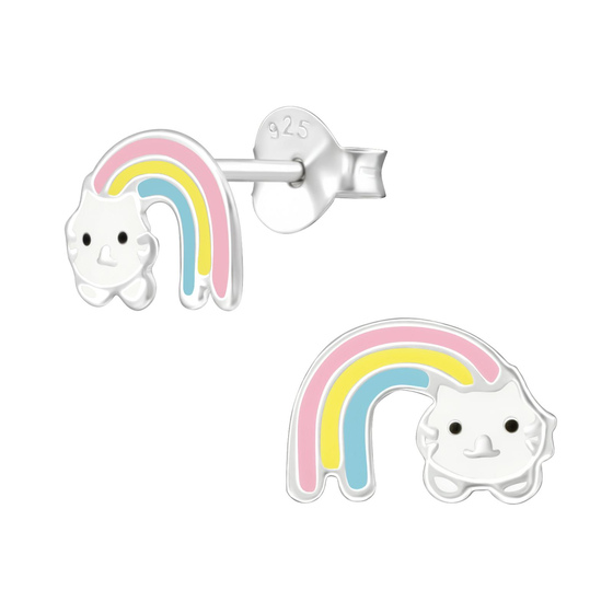Auf dem Bild zu sehen sind Kinder Ohrringe Regenbogen Katze Ohrstecker aus 925 Sterling Silver echt Silber
