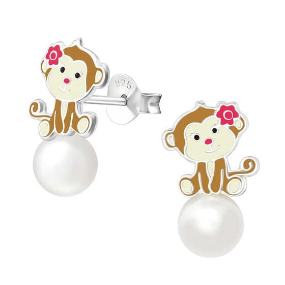 Auf dem Bild zu sehen sind Kinder Ohrringe Affe Ohrstecker aus 925 Sterling Silver echt Silber mit 2 Synthetischen Perlen