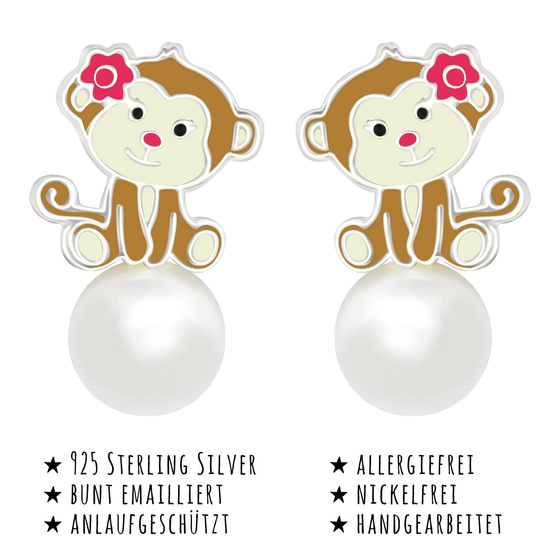 Das Bild mit Beschreibung zeigt Kinder Ohrringe Affe Ohrstecker aus 925 Sterling Silver echt Silber mit 2 Synthetischen Perlen