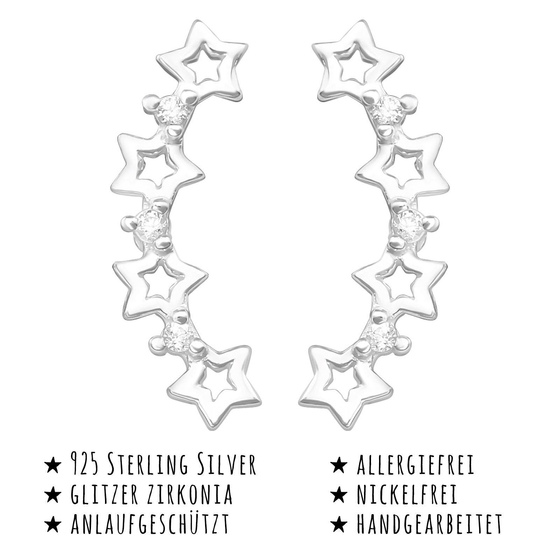 Das Bild mit Beschreibung zeigt Damen Ohrringe Sterne Ohrstecker aus 925 Sterling Silver echt Silber mit 6 Kristallen