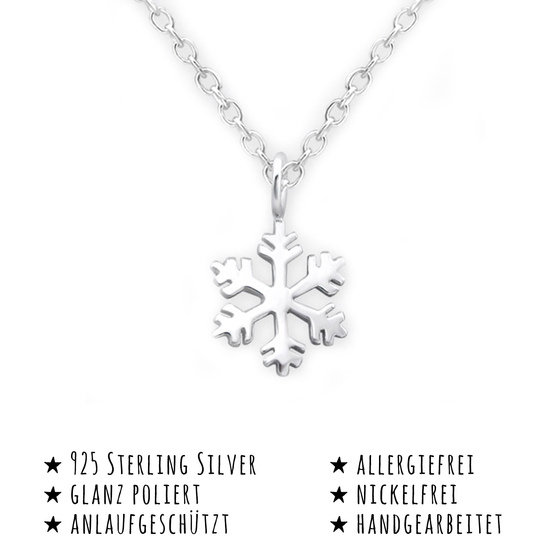 Das Bild mit Beschreibung zeigt eine Kinder Halskette Schneeflocke Anhnger aus 925 Sterling Silver echt Silber mit 45cm lnge