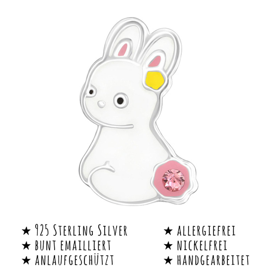 Das Bild mit Beschreibung zeigt Kinder Ohrringe Hase Kaninchen Ohrstecker aus 925 Sterling Silver echt Silber mit 2 Kristallen