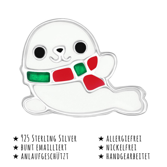 Das Bild mit Beschreibung zeigt Kinder Ohrringe Robbe Seehund Ohrstecker aus 925 Sterling Silver echt Silber mit Schal