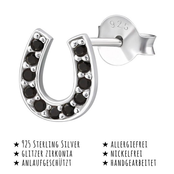 Das Bild mit Beschreibung zeigt Kinder Ohrringe Hufeisen Glcksbringer Ohrstecker aus 925 Sterling Silver echt Silber mit 22 Kristallen