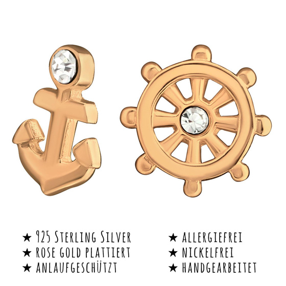 Das Bild mit Beschreibung zeigt Kinder Ohrringe Anker Steuerrad Ohrstecker aus 925 Sterling Silver echt Silber mit 2 Kristallen rose Gold plattiert