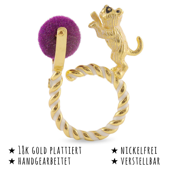 Das Bild mit Beschreibung zeigt Damen Ringe mit Katze Ball aus Messing Gold plattiert mit Emaille handbemalt