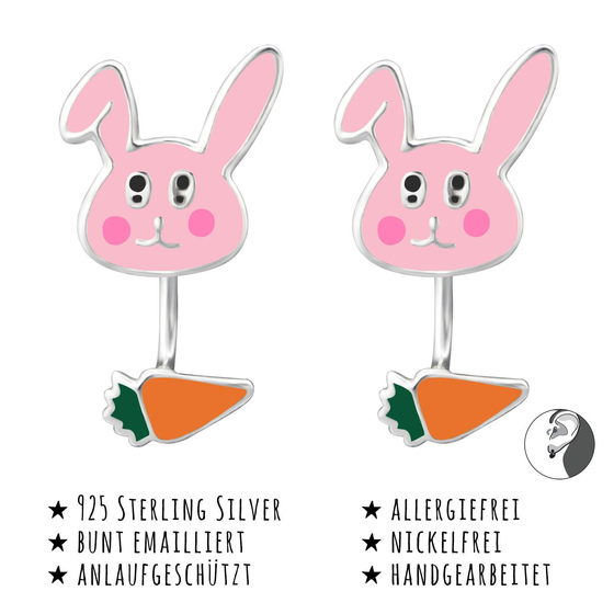 Das Bild mit Beschreibung zeigt Kinder Ohrringe Hase Kaninchen Doppel Ohrstecker aus 925 Sterling Silver echt Silber mit Karotte