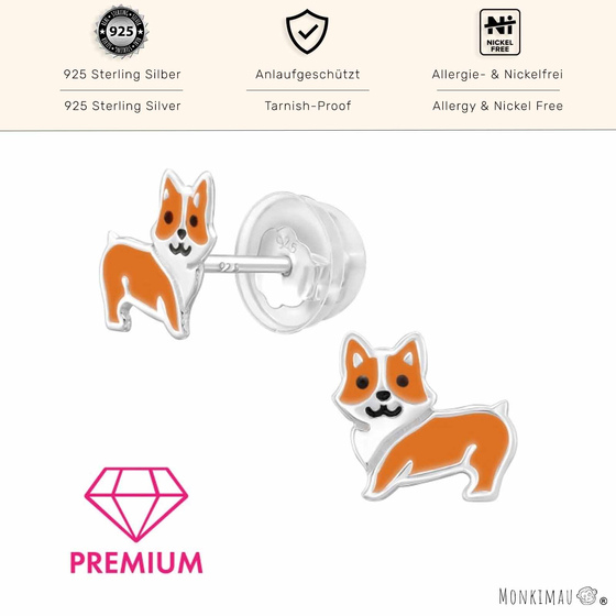 Bezaubernde Corgi-Hund Ohrstecker f�r Kinder aus 925 Sterling Silber mit Epoxy