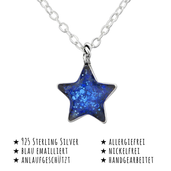 Das Bild mit Beschreibung zeigt eine Kinder Halskette Stern Anhnger aus 925 Sterling Silver echt Silber mit Emaille Blau 45cm lnge