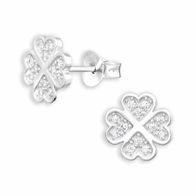 Silberne Ohrstecker Vierbl�ttriges Kleeblatt mit Zirkonia...